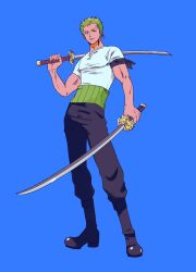 Rule 34 | 1boy, bandana, bandana around arm, black bandana, black pants, blurry, blurry background, dual wielding, earrings, expressionless, full body, green hair, haramaki, highres, holding, holding sword, holding weapon, jewelry, male focus, minachao0307, one piece, pants, roronoa zoro, shirt, short hair, sideburns, simple background, single earring, solo, sword, tight clothes, tight shirt, toned, toned male, weapon, white shirt