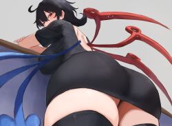 1girl ahoge arm_rest ass ass_focus asymmetrical_wings back_cutout black_dress black_hair black_thighhighs blush breasts clothing_cutout dress from_below highres houjuu_nue large_breasts looking_at_viewer mismatched_wings moriforest1040 pantylines red_eyes short_hair solo thighhighs touhou wings