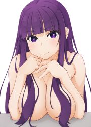 Rule 34 | 1girl, blunt bangs, blush, breasts, closed mouth, collarbone, commentary request, completely nude, fern (sousou no frieren), hair over breasts, hinata masaki, large breasts, long hair, nude, paid reward available, purple eyes, purple hair, sidelocks, simple background, smile, solo, sousou no frieren, straight hair, white background