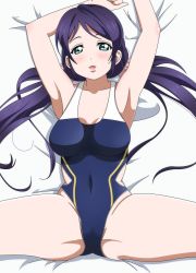 Rule 34 | 1girl, aqua eyes, bad id, bad pixiv id, blush, breasts, clothing cutout, covered navel, green eyes, highres, large breasts, long hair, looking at viewer, love live!, love live! school idol festival, love live! school idol project, lying, on back, on bed, open mouth, purple hair, showers-u, side cutout, smile, solo, spread legs, swimsuit, tojo nozomi, twintails