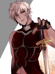 Rule 34 | 1boy, alter servant, archer (fate), archer alter (fate), corruption, dark-skinned male, dark skin, excalibur (fate/stay night), fate/grand order, fate/grand order: first order, fate/stay night, fate (series), fingerless gloves, gloves, grey eyes, hair down, heterochromia, midriff, namahamu (hmhm 81), planted, planted sword, planted weapon, red eyes, sleeveless, sleeveless turtleneck, solo, sword, turtleneck, weapon, white hair