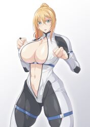 Rule 34 | 1girl, black bodysuit, blonde hair, blue eyes, bodysuit, borrowed character, breasts, bridal gauntlets, center opening, cleavage, clenched hands, collarbone, commentary request, commission, cowboy shot, crossed bangs, fighting stance, hair between eyes, highres, large breasts, long hair, looking at viewer, navel, original, ozaneko, parted lips, ponytail, sidelocks, simple background, skeb commission, skindentation, solo, standing, stomach, thigh strap, two-tone bodysuit, underbust, white background, white bodysuit