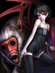 Rule 34 | 1girl, adapted costume, asymmetrical wings, bad id, bad pixiv id, bare arms, bare shoulders, black dress, black hair, black thighhighs, dress, highres, houjuu nue, looking at viewer, monkey, nishi masakazu, nue (creature), red eyes, sleeveless, sleeveless dress, snake, solo, thighhighs, touhou, wings, zettai ryouiki