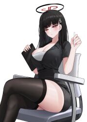Rule 34 | 1girl, black hair, black shirt, black skirt, black thighhighs, blue archive, blunt bangs, blush, breasts, bright pupils, chair, cleavage, collarbone, collared shirt, crossed legs, doham, feet out of frame, hair behind ear, hair ornament, halo, high-waist skirt, highres, holding, holding stylus, large breasts, long hair, looking at viewer, office chair, office lady, parted lips, partially unbuttoned, pencil skirt, red eyes, rio (blue archive), shirt, short sleeves, simple background, sitting, skindentation, skirt, solo, stylus, swivel chair, tablet pc, thick thighs, thighhighs, thighs, tsurime, very long hair, white background, zettai ryouiki