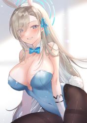 Rule 34 | 1girl, animal ears, asuna (blue archive), asuna (bunny) (blue archive), blonde hair, blue archive, blue eyes, blush, bow, bowtie, breasts, cleavage, collarbone, detached collar, fake animal ears, fake tail, gloves, grin, hair ornament, halo, large breasts, leotard, long hair, looking at viewer, pantyhose, playboy bunny, rabbit ears, rabbit tail, saiki yuzuri, smile, solo, tail, traditional bowtie, white gloves