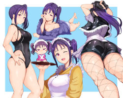 Rule 34 | 10s, 2girls, alp, apron, ass, believe again, black one-piece swimsuit, breasts, cleavage, closed mouth, fishnet pantyhose, fishnets, frilled apron, frills, from below, from side, gloves, half-closed eyes, holding, jacket, japanese clothes, kazuno leah, kazuno sarah, kimono, looking at viewer, love live!, love live! sunshine!!, maid headdress, medium breasts, multiple girls, multiple views, one-piece swimsuit, one eye closed, pantyhose, pink kimono, purple eyes, purple hair, ribbon, shirt, short shorts, shorts, siblings, side ponytail, sidelocks, sisters, smile, standing, swimsuit, thighhighs, white apron, yellow kimono