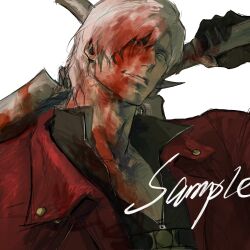 Rule 34 | 1boy, bishounen, black gloves, blood, blood on clothes, blood on face, blue eyes, coat, dante (devil may cry), devil may cry, devil may cry (series), devil may cry 4, facial hair, fingerless gloves, gloves, highres, holding, holding sword, holding weapon, looking at viewer, male focus, mature male, orr2kln3tjteydj, rebellion (sword), red coat, simple background, smile, solo, sword, trench coat, weapon, white hair