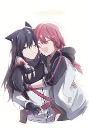 Rule 34 | 2girls, animal ear fluff, animal ears, arknights, black capelet, black gloves, black hair, capelet, chinese commentary, closed mouth, commentary request, exusiai (arknights), closed eyes, eyes visible through hair, fingerless gloves, gloves, halo, hibioes, highres, hug, jacket, long hair, multiple girls, one eye closed, open mouth, penguin logistics (arknights), pout, raglan sleeves, red hair, short hair, texas (arknights), white jacket, wolf ears, wolf girl, yellow eyes