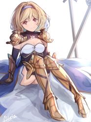 Rule 34 | 1girl, alisia0812, arm support, armor, armored boots, black gloves, black sleeves, black thighhighs, blonde hair, blue hairband, blue skirt, boots, breasts, brown eyes, cleavage, detached sleeves, djeeta (granblue fantasy), gloves, granblue fantasy, hair between eyes, hairband, highres, long skirt, long sleeves, looking at viewer, medium breasts, pauldrons, short hair, shoulder armor, signature, simple background, sitting, skirt, smile, solo, strapless, sword, thigh boots, thighhighs, weapon, white background, yellow footwear