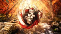 Rule 34 | 1girl, animal ears, bare shoulders, breasts, derivative work, detached sleeves, forest, full body, hat, highres, holding, holding sword, holding weapon, inubashiri momiji, justrukia, light rays, long sleeves, looking at viewer, nature, outdoors, pom pom (clothes), red eyes, ribbon-trimmed sleeves, ribbon trim, rock, scabbard, serious, sheath, shield, shinebell, silver hair, solo, stream, sunbeam, sunlight, sword, tail, tassel, thighhighs, third-party edit, tokin hat, touhou, tree, unsheathed, wallpaper, water, weapon, white thighhighs, wide sleeves, wolf ears, wolf tail