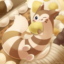 Rule 34 | ;3, blue eyes, chestnut, closed mouth, creatures (company), fluffy, food, food on face, furret, game freak, gen 2 pokemon, highres, holding, holding food, looking at viewer, lying, nintendo, no humans, on back, one eye closed, pokemon, pokemon (creature), sasabunecafe, smile, sweets, tail, tongue, tongue out, twitter username
