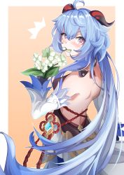 Rule 34 | 1girl, absurdres, ahoge, back, backless outfit, black gloves, blue hair, blush, chinese knot, detached sleeves, eating flower, flower, flower knot, from behind, ganyu (genshin impact), genshin impact, gloves, gold trim, highres, holding, holding flower, horns, long hair, looking at viewer, looking back, low ponytail, notice lines, odecono3, purple eyes, qingxin flower, sidelocks, solo, vision (genshin impact), white flower, white sleeves