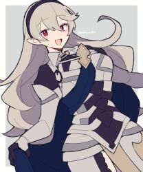 Rule 34 | 1girl, armor, black hairband, blue cape, border, cape, corrin (female) (fire emblem), corrin (fire emblem), do m kaeru, fire emblem, fire emblem fates, gauntlets, grey background, grey hair, hair between eyes, hairband, long hair, looking at viewer, nintendo, open mouth, outside border, pointy ears, red eyes, simple background, smile, solo, twitter username, very long hair, white border