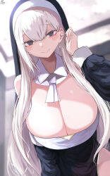 Rule 34 | 1girl, absurdres, arm up, black dress, blurry, blurry background, blush, breasts, cleavage, closed mouth, detached collar, dress, ear piercing, earrings, green eyes, habit, hair between eyes, highres, huge breasts, jewelry, long hair, long sleeves, looking at viewer, mature female, nail polish, nun, open mouth, original, piercing, simple background, smile, solo, upper body, very long hair, white hair, yuzuki himuka
