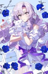 Rule 34 | 1girl, bare shoulders, blue flower, blue rose, cake, detached sleeves, dress, dress ribbon, drill hair, flower, food, fork, gloves, highres, holding, holding stuffed toy, hyakumantenbara salome, long hair, looking at viewer, nijisanji, parted lips, purple eyes, purple hair, purple ribbon, ribbon, rose, short sleeves, simple background, solo, spoon, stuffed toy, virtual youtuber, wata (attaka towel), white bag, white dress, white gloves