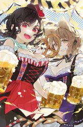 Rule 34 | 2girls, alcohol, beer, black hair, blonde hair, breasts, cleavage, cup, flower, german clothes, hat, hat flower, highres, holding, holding cup, kurokoma saki, large breasts, looking at viewer, medium breasts, multiple girls, open mouth, red eyes, red headwear, smile, syuri22, touhou, toyosatomimi no miko, traditional clothes, yellow eyes