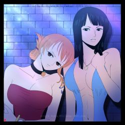 Rule 34 | 2girls, bare shoulders, black border, black hair, blue dress, blue eyes, blunt bangs, border, bracelet, breasts, brick wall, choker, chris re5, cleavage, dress, earrings, folded ponytail, head on another&#039;s shoulder, hime cut, jewelry, large breasts, multiple girls, nami (one piece), navel, necklace, nico robin, one piece, one piece: the giant mechanical soldier of karakuri castle, orange eyes, orange hair, parted lips, sidelocks, strapless, tattoo, twitter username