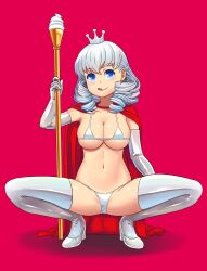 Rule 34 | 1girl, absurdres, bikini, bikini under clothes, blue eyes, breasts, cape, cleavage, crown, drill hair, elbow gloves, food, gloves, hand up, high heels, highres, ice cream, large breasts, looking at viewer, medium hair, meshmezz, navel, original, red background, red cape, shadow, silver bikini, silver gloves, silver legwear, silver thighhighs, simple background, solo, spread legs, staff, swimsuit, white footwear, white hair, white headwear