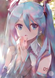 Rule 34 | 1girl, aqua eyes, aqua hair, aqua necktie, bare shoulders, black sleeves, blurry, bokeh, commentary, depth of field, detached sleeves, grey shirt, hair ornament, hands up, hatsune miku, highres, long hair, looking to the side, necktie, open mouth, own hands together, shirt, shoulder tattoo, sleeveless, sleeveless shirt, solo, sunlight, takepon1123, tattoo, twintails, upper body, very long hair, vocaloid