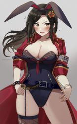 Rule 34 | 1girl, animal ears, armband, belt, black hair, blush, bracelet, breasts, cleavage, coat, collarbone, cowboy shot, garter straps, hair ornament, hands on own hips, highres, idolmaster, idolmaster cinderella girls, jewelry, large breasts, leotard, long hair, looking at viewer, mukai takumi, neckerchief, open mouth, rabbit ears, red coat, shangzi, simple background, single garter strap, single thighhigh, solo, thighhighs, yellow eyes