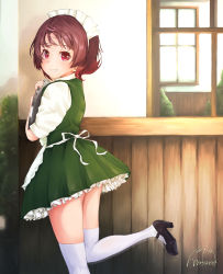 Rule 34 | 1girl, absurdres, alternate costume, alternate legwear, apron, back, building, cowboy shot, dress, enmaided, frilled apron, frilled dress, frills, green dress, hair between eyes, highres, holding, holding tray, kantai collection, looking at viewer, looking to the side, maid, maid headdress, mmk, mutsuki (kancolle), one-hour drawing challenge, outdoors, reflection, signature, smile, solo, standing, standing on one leg, thighhighs, tray, waist apron, waitress, white apron, white thighhighs, window