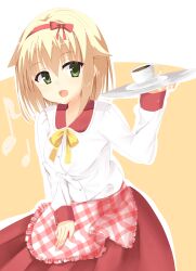 Rule 34 | 1girl, :d, apron, blonde hair, blush, bow, commentary request, cowboy shot, cup, eyes visible through hair, frilled apron, frills, green eyes, hair between eyes, hair bow, hairband, hand up, happy, highres, holding, holding tray, kariya wakana, long sleeves, looking at viewer, medium hair, musical note, official alternate costume, open mouth, plaid apron, plaid clothes, red bow, red hairband, red skirt, ribbon, sanoba witch, shirt, simple background, skirt, smile, solo, teacup, tray, tsurime, ushi-chan (usityann), waist apron, waitress, white shirt, yellow background, yellow ribbon