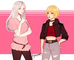 Rule 34 | 2girls, alternate costume, alternate hair color, belt, belt buckle, black pants, blonde hair, blouse, breasts, brown eyes, buckle, collar, cowboy shot, cropped jacket, green eyes, grey hair, haiba arisa, haikyuu!!, hand on own hip, hand up, height difference, jacket, leather, leather jacket, lipstick, long hair, looking at viewer, makeup, medium breasts, midriff, multiple girls, open clothes, open jacket, pants, pink shirt, red lips, red shirt, shirt, short hair, short sleeves, smile, sodap6p, spikes, tanaka saeko (haikyuu!!), torn clothes, torn pants, two-tone background