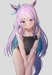 Rule 34 | 1girl, absurdres, animal ears, black one-piece swimsuit, casual one-piece swimsuit, commentary request, frilled one-piece swimsuit, frills, grey background, highres, horse ears, horse girl, horse tail, leaning forward, long hair, looking at viewer, mejiro mcqueen (umamusume), one-piece swimsuit, parted lips, partial commentary, purple eyes, purple hair, simple background, solo, swimsuit, tail, tf cafe, umamusume, v arms