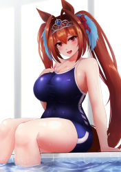 Rule 34 | 1girl, animal ears, antenna hair, aokiyasuri, backlighting, bare arms, bare shoulders, blue gemstone, blue one-piece swimsuit, blush, bow, breasts, brown hair, cleavage, collarbone, competition school swimsuit, competition swimsuit, covered navel, crossed bangs, daiwa scarlet (umamusume), fang, feet out of frame, from side, gem, hair between eyes, hair bow, hair intakes, hair ornament, halterneck, hand on own chest, highres, horse ears, horse girl, large breasts, legs together, long hair, looking at viewer, one-piece swimsuit, open mouth, pool, purple eyes, red bow, school swimsuit, sideboob, sitting, skin fang, sleeveless, smile, solo, swimsuit, thighs, tiara, twintails, umamusume, very long hair, water