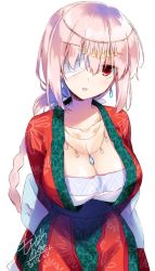 Rule 34 | 1girl, bandage over one eye, blush, braid, breasts, cleavage, collarbone, craft essence (fate), dated, earrings, fate/grand order, fate (series), florence nightingale (divine princess of the storm) (fate), florence nightingale (fate), hair between eyes, head tilt, jewelry, large breasts, long hair, motomiya mitsuki, parted lips, pink hair, red eyes, sidelocks, signature, simple background, solo, very long hair, white background