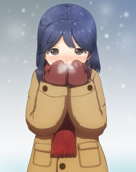 Rule 34 | 1girl, black hair, blush, breath, brown eyes, coat, covered mouth, covering own mouth, gradient background, kantai collection, mimofu (fullhighkick), mittens, red scarf, scarf, snowing, solo, upper body, ushio (kancolle), winter clothes, winter coat