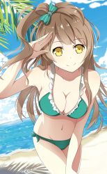 Rule 34 | 10s, 1girl, bare shoulders, beach, bikini, breasts, brown hair, cleavage, female focus, guanghe zuoyong de de yezi, highres, leaning forward, long hair, looking at viewer, love live!, love live! school idol festival, love live! school idol project, minami kotori, navel, ribbon, sky, smile, solo, standing, swimsuit, water, yellow eyes