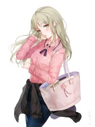Rule 34 | 1girl, bad id, bad pixiv id, bag, blush, book, breasts, clothes around waist, denim, emyo, green eyes, grey hair, jeans, long hair, looking at viewer, original, pants, simple background, solo, white background