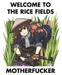 Rule 34 | 1girl, ak-47, ammunition pouch, assault rifle, backpack, bag, brown eyes, brown hair, earrings, english text, filthy frank, frown, grass, gun, hat, highres, holding, holding weapon, jewelry, kalashnikov rifle, long hair, lying, marpaparp, meme, neckerchief, on stomach, original, pouch, profanity, red star, rice paddy, rifle, solo, star (symbol), straw hat, trigger discipline, type 56 assault rifle, vietnam war, vietnamese dress, weapon, welcome to the rice fields motherfucker (meme)