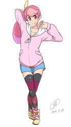 Rule 34 | 10s, 1girl, 9rimson, ankle boots, arm behind head, arm up, black thighhighs, boots, commentary request, crossed legs, dated, flat chest, full body, gradient legwear, hair ribbon, heart, heart print, highres, hood, hoodie, light smile, long hair, long sleeves, looking at viewer, multicolored clothes, multicolored hair, multicolored legwear, otosaki kanon, patterned legwear, pink eyes, pink hair, print thighhighs, ribbon, short shorts, shorts, side ponytail, signature, simple background, smile, solo, standing, thighhighs, tribe cool crew, watson cross, white background, zettai ryouiki, zipper