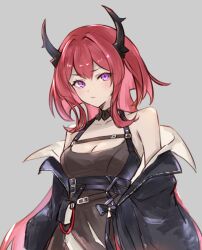 1girl arknights belt belt_buckle black_belt black_horns black_jacket breasts buckle closed_mouth commentary dress expressionless grey_background highres horns jacket long_hair looking_at_viewer medium_breasts multiple_belts nandesu off_shoulder purple_eyes red_hair simple_background sleeveless sleeveless_dress solo surtr_(arknights)