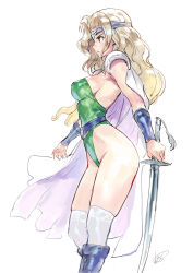Rule 34 | 1girl, bare shoulders, blonde hair, breasts, celes chere, commentary request, final fantasy, final fantasy vi, from side, green leotard, headband, highres, holding, holding sword, holding weapon, large breasts, leotard, matsuda (matsukichi), profile, solo, strapless, strapless leotard, sword, thighhighs, thighs, weapon, white thighhighs