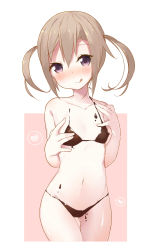 Rule 34 | 1girl, :q, absurdres, bad id, bad pixiv id, bikini, blush, brown hair, chocolate, chocolate clothes, chocolate on body, chocolate on breasts, cowboy shot, flat chest, food on body, heart, highres, looking at viewer, nipples, original, pink background, purple eyes, pussy, short hair, simple background, smile, solo, spoken heart, swimsuit, thigh gap, tokuno yuika, tongue, tongue out, twintails, valentine, white background