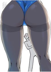 Rule 34 | 1boy, 1girl, ass, ass focus, black pantyhose, blue leotard, blush stickers, cameltoe, close-up, commentary request, from behind, highres, izayoi sakuya, kneepits, leotard, lower body, out of frame, pantyhose, tajima yuuki, thighband pantyhose, touhou, view between legs, white background