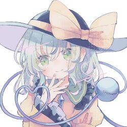 Rule 34 | 1girl, black hat, blouse, blush, bow, bowler hat, buttons, closed mouth, collar, colored eyelashes, curly hair, diamond button, female focus, fingernails, frilled collar, frilled sleeves, frills, green collar, green hair, hair between eyes, hand up, hat, hat bow, head tilt, heart, heart of string, hiyuu (hiyualice), juliet sleeves, komeiji koishi, large bow, long sleeves, looking at viewer, medium hair, pastel colors, pink nails, puffy sleeves, ribbon, shadow, shirt, sidelocks, smile, solo, straight-on, tareme, third eye, touhou, upper body, wide sleeves, yellow ribbon, yellow shirt