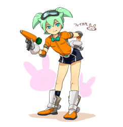 Rule 34 | 1boy, :q, bad id, bad pixiv id, bent over, boots, bow, bowtie, carrot, character name, fei rune, full body, gloves, green eyes, green hair, gun, inazuma eleven (series), inazuma eleven go, inazuma eleven go chrono stone, male focus, matching hair/eyes, mizuhara aki, rabbit, rabbit tail, short shorts, shorts, simple background, solo, standing, tail, tongue, tongue out, weapon, white background