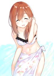 Rule 34 | 1girl, :d, ^ ^, arm up, bare arms, bare shoulders, bikini, blush, breasts, closed eyes, collarbone, commentary request, facing viewer, floral print, hair between eyes, highres, leaning forward, light brown hair, long hair, navel, open mouth, original, print sarong, round teeth, sarong, small breasts, smile, solo, swimsuit, teeth, upper teeth only, white bikini, yuki arare