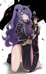 Rule 34 | 1girl, absurdres, alternate costume, alternate hairstyle, armor, between breasts, black footwear, breasts, camilla (fire emblem), commission, commissioner upload, dragon, dress, fire emblem, fire emblem fates, fur trim, hair ornament, hair over one eye, highres, holding, holding sword, holding weapon, japanese armor, kneeling, large breasts, lips, long hair, looking at viewer, mature female, namu (112namu), nintendo, no panties, non-web source, open mouth, parted lips, pelvic curtain, pixiv commission, ponytail, purple eyes, purple hair, samurai, simple background, smile, solo, sword, teeth, thighs, tiara, wavy hair, weapon