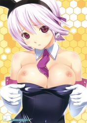 Rule 34 | 1girl, bare shoulders, blush, breasts, breasts out, league of legends, light purple hair, looking at viewer, nipples, purple eyes, riven (league of legends), short hair, solo