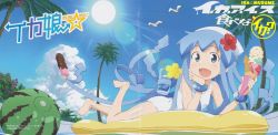 Rule 34 | 1girl, :d, barefoot, bird, blue eyes, blue hair, cloud, crease, day, drink, food, food on face, highres, ice cream, ikamusume, lens flare, light rays, long image, looking at viewer, matching hair/eyes, official art, one-piece swimsuit, open mouth, pool, popsicle, prehensile hair, scan, shinryaku! ikamusume, sky, smile, solo, sun, sunbeam, sunlight, swimsuit, tentacle hair, tentacles, white one-piece swimsuit, wide image