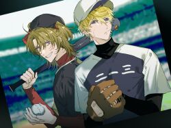 Rule 34 | 2boys, absurdres, ball, baseball, baseball bat, baseball cap, baseball glove, baseball stadium, baseball uniform, black headwear, black shirt, blonde hair, blue shirt, blurry, blurry background, closed mouth, commentary, commentary request, english commentary, grin, hair between eyes, hands up, hat, highres, holding, holding ball, holding baseball bat, keita kg85, layered sleeves, long sleeves, looking at viewer, luca kaneshiro, male focus, medium hair, mixed-language commentary, mole, mole on neck, mouth hold, multiple boys, nijisanji, nijisanji en, parted bangs, purple eyes, red shirt, shirt, short over long sleeves, short sidetail, short sleeves, sidelocks, sideways hat, smile, sonny brisko, sportswear, stadium, stalk in mouth, sweat, teeth, turtleneck, undershirt, upper body, v-shaped eyebrows, virtual youtuber, white headwear