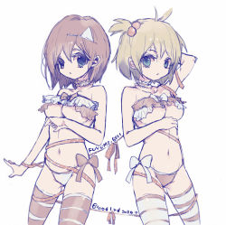 Rule 34 | 2girls, 369-chan, arm behind head, bad id, bad pixiv id, bdsm, bel hydra, blonde hair, blood lad, bondage, bound, bound together, bow, breasts, brown hair, character name, collar, copyright name, dated, large breasts, looking at viewer, multiple girls, navel, panties, ribbon, ribbon bondage, short hair, side-tie panties, sketch, thighhighs, triangular headpiece, underboob, underwear, white background, yanagi fuyumi