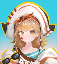 Rule 34 | 1girl, absurdres, blonde hair, blue background, blue shirt, bow, bow hairband, character request, check character, collarbone, gradient background, hairband, hat, highres, large hat, light blush, long hair, orange bow, orange hairband, outline, portrait, regulus (reverse:1999), regulus (the fierce fan) (reverse:1999), reverse:1999, shirt, simple background, smile, solo, star (symbol), sunglasses, white hat, yellow eyes, yellow outline, yl (xh176)