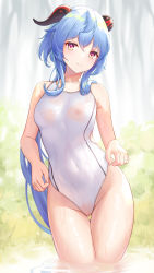 Rule 34 | 1girl, ahoge, airool, bare arms, bare shoulders, blue hair, blush, breasts, cleft of venus, closed mouth, collarbone, commentary, competition swimsuit, covered erect nipples, covered navel, day, female focus, frown, ganyu (genshin impact), genshin impact, gluteal fold, goat horns, grass, groin, highleg, highleg swimsuit, highres, horns, long hair, looking at viewer, medium breasts, nipples, one-piece swimsuit, outdoors, ponytail, purple eyes, pussy, see-through, sidelocks, solo, standing, swimsuit, thigh gap, thighs, very long hair, wading, water, wet, wet clothes, wet swimsuit, white one-piece swimsuit