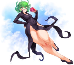 Rule 34 | 1girl, black dress, blush, box, box of chocolates, breasts, candy, chocolate, chocolate heart, covered navel, curly hair, dress, psychic, fantasy, floating, flying, glowing, green eyes, green hair, hand on own hip, heart, heart-shaped box, high heels, highres, levitation, looking at viewer, magic, mogudan, no panties, one-punch man, psychic, short hair, small breasts, solo, tatsumaki, telekinesis, thick thighs, thighs